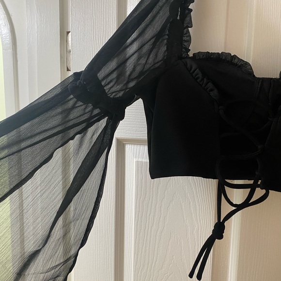 boho bohemian black feminine puff flowy sleeve corset style top sheer lace tie - Picture 5 of 7